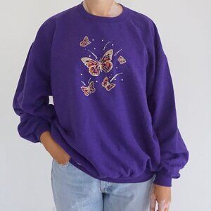 Vintage Jerzees Purple Rhinestone Butterfly Embellished Graphic Sweater L